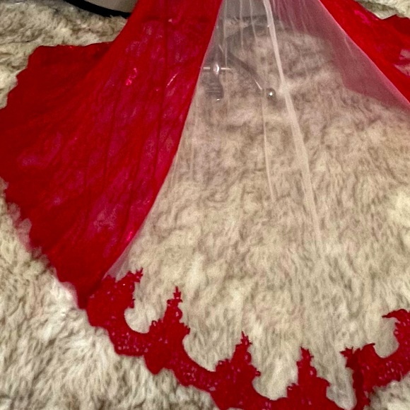 ONE OF A KIND! Red lace and sequin ball gown with neck line and train. - Picture 8 of 16